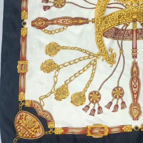 Elegant Gold Black Trim Scarf Featuring Fancy Equestrian Head Dress Square 34" - Picture 6 of 7